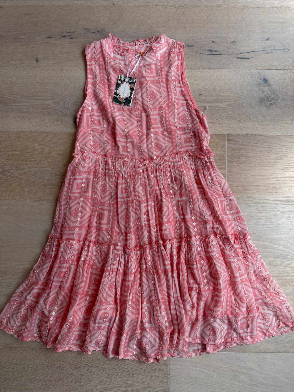 New oliphant Women’s Pink Sleeveless Patterned Tiered Dress sz xxs